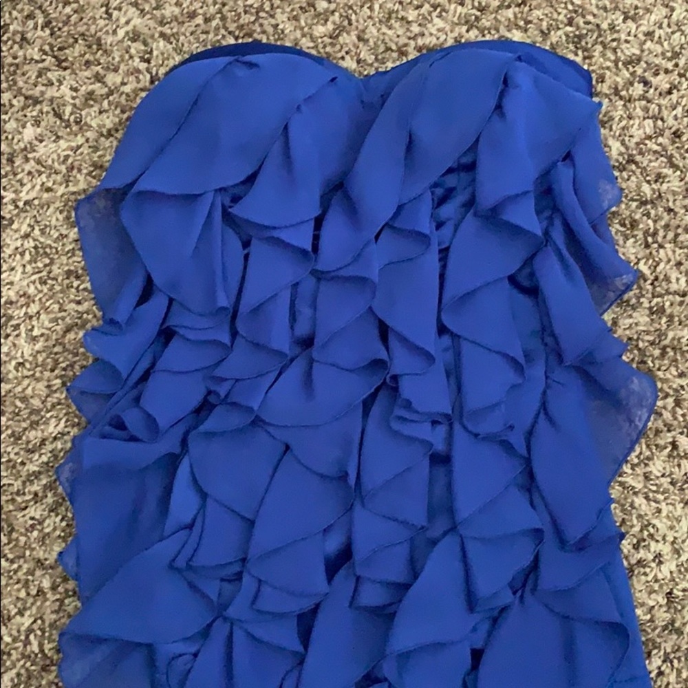 strapless blue ruffle top